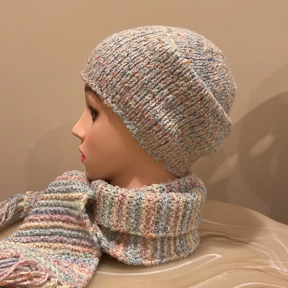 Handmade Knit Women's Hat and Scarf Set Multi-Color Pastel Confetti Winter Warm